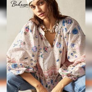 Bohemian Floral Eyelet Blouse Pink Blue Romantic Size L